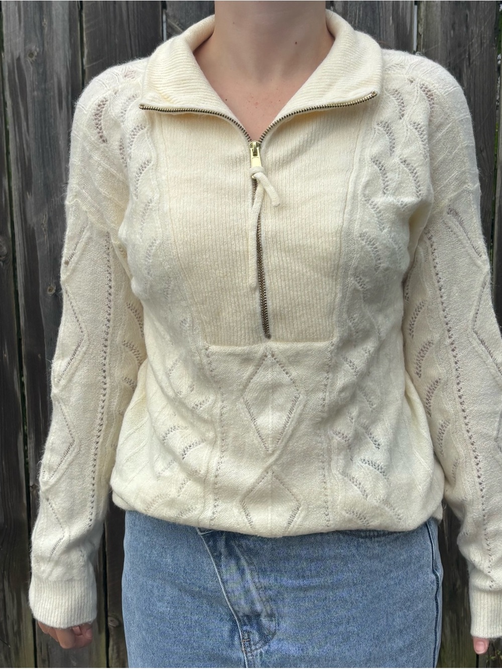 Talbots Ivory Cable-Knit Half-Zip Sweater